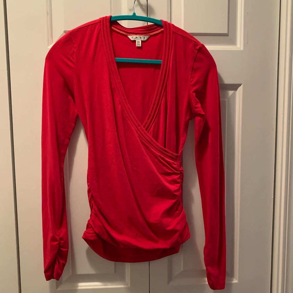 CAbi Deep Pink V-neck Wrap Style Top with Side Ruching - XS